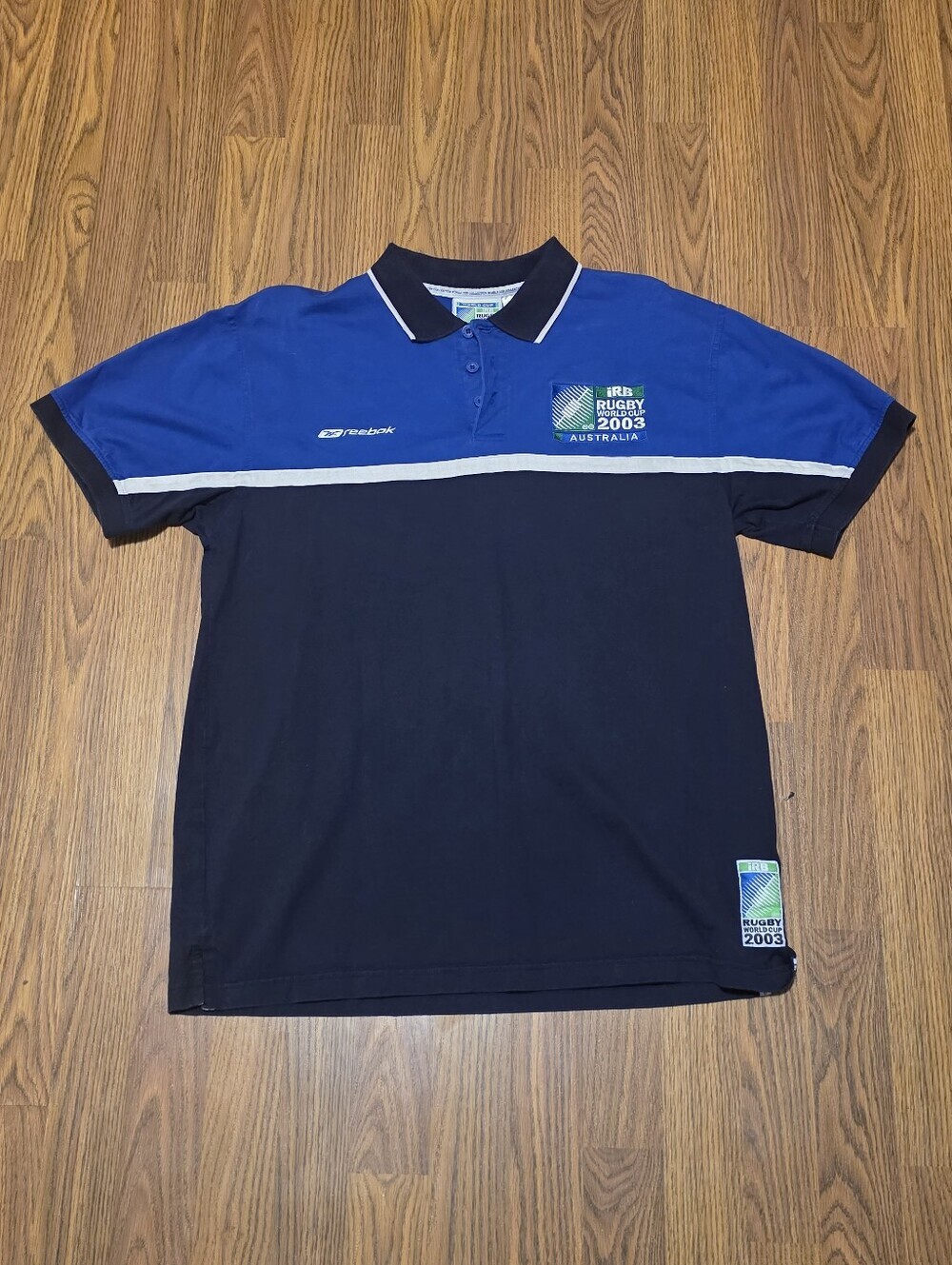VTG Reebok 2003 IRB Rugby World Cup Australia Polo Shirt Mens Large Two Tone F3